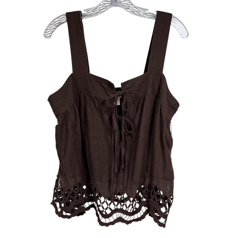 NWT Rachel Zoe Sz M Tank Top Brown Linen Blend Lace Hem Cropped Tie Front New